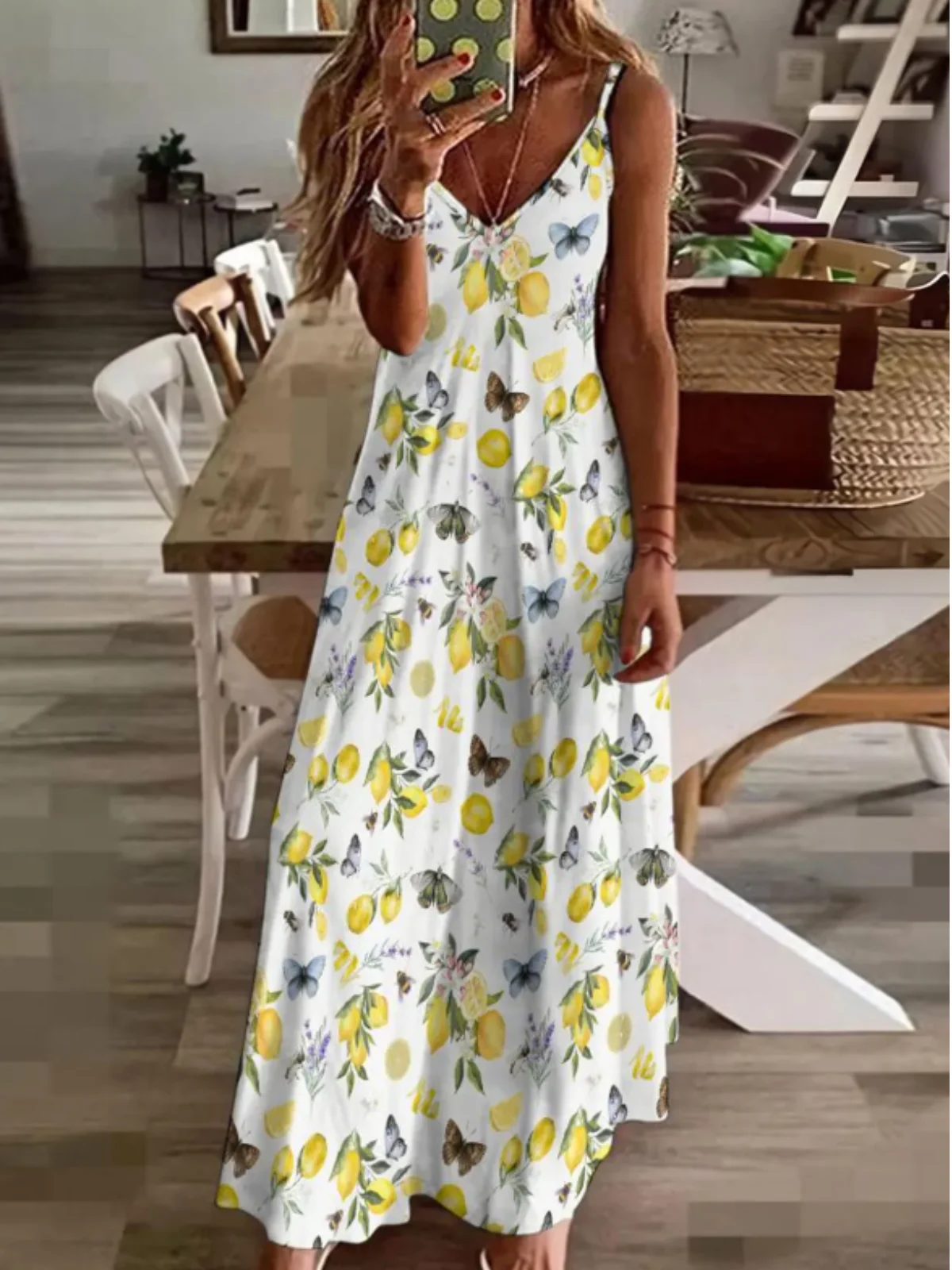 Femmes Fruit Blanc Col V Confortable Robe Maxi Décontracté