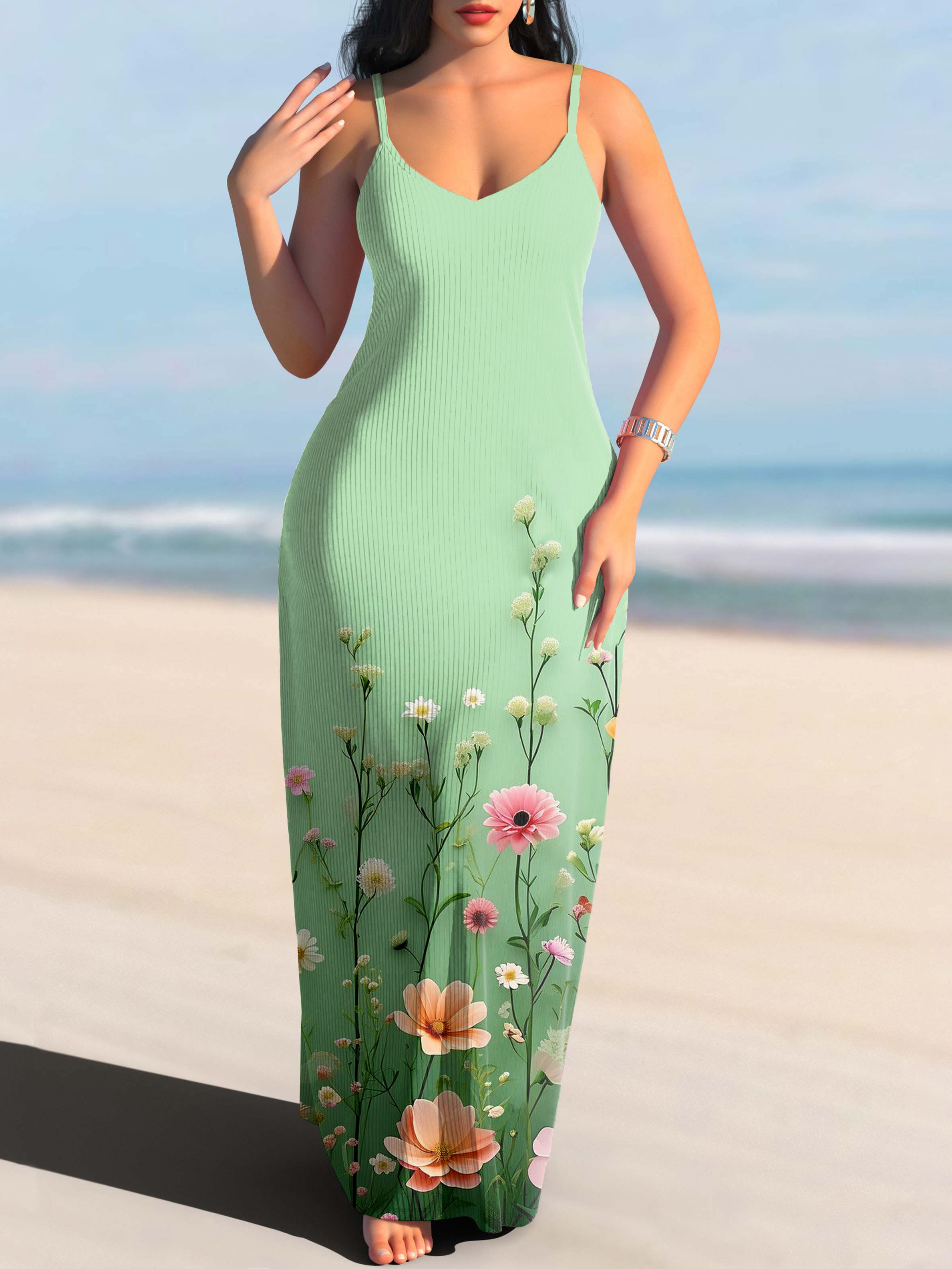 Femmes Floral Vert à Bretelles Confortable Robe Maxi Décontracté