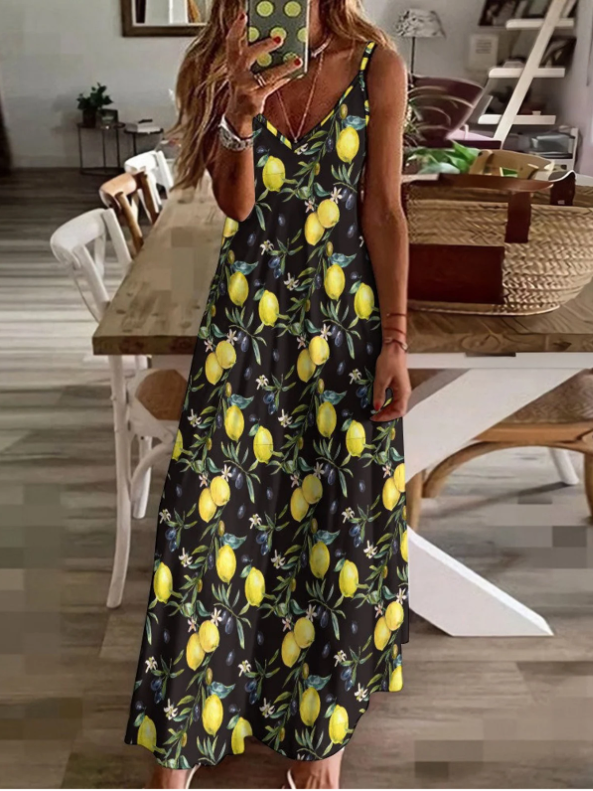 Femmes Fruit Blanc Col V Confortable Robe Maxi Décontracté