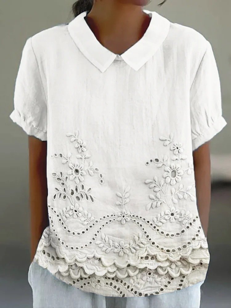 Blouses Femmes Décontracté Plain Été Coton Ample Demi Manche Col Châle Droit Régulier