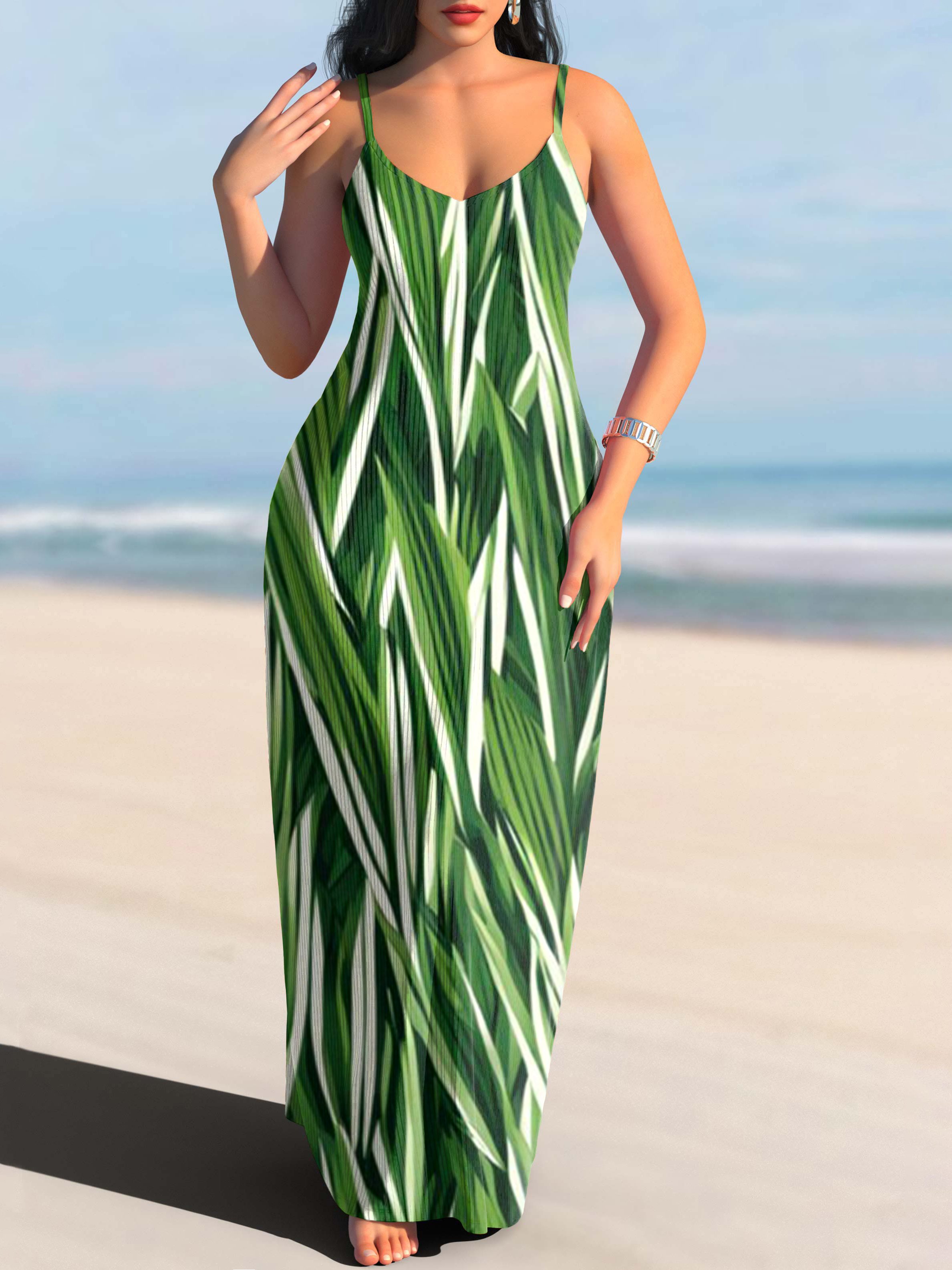 Femmes Floral Vert à Bretelles Confortable Robe Maxi Décontracté