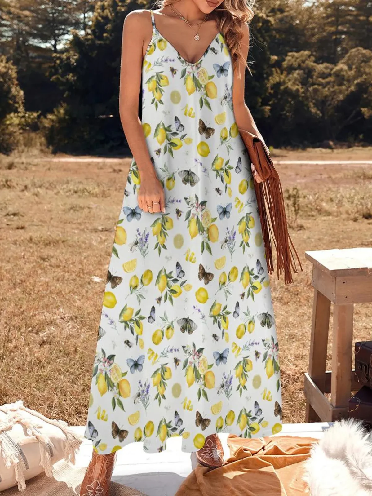 Femmes Fruit Blanc Col V Confortable Robe Maxi Décontracté
