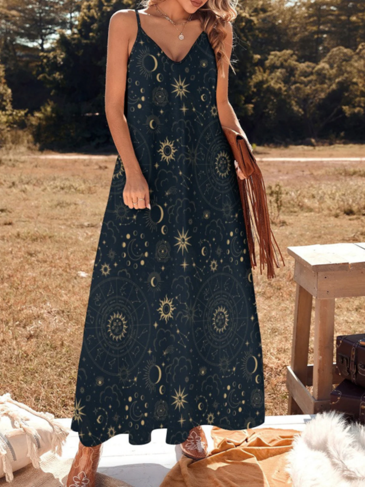 Femmes Motif d'Étoile Noir Col V Confortable Robe Maxi Décontracté
