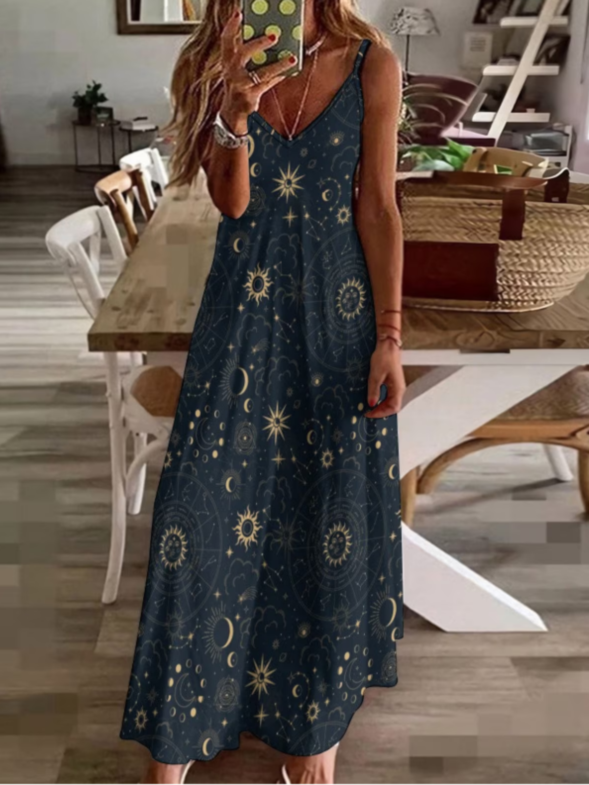 Femmes Motif d'Étoile Noir Col V Confortable Robe Maxi Décontracté