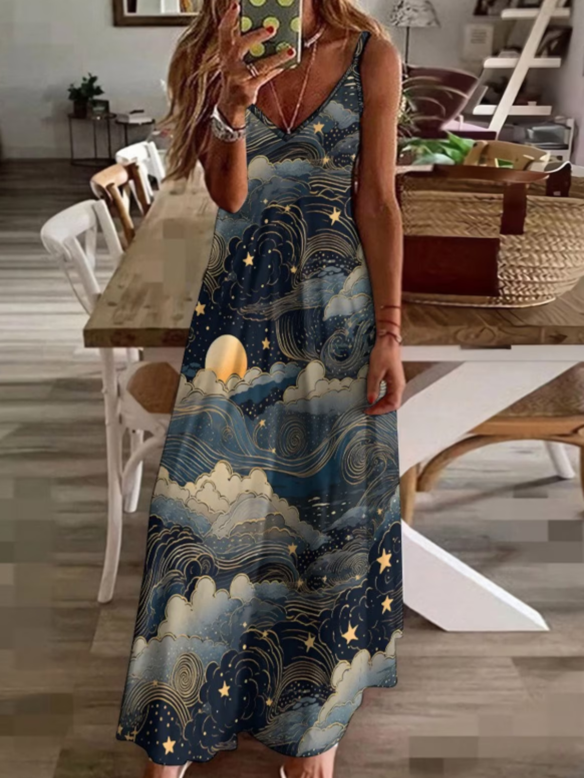 Femmes Motif d'Étoile Noir Col V Confortable Robe Maxi Décontracté