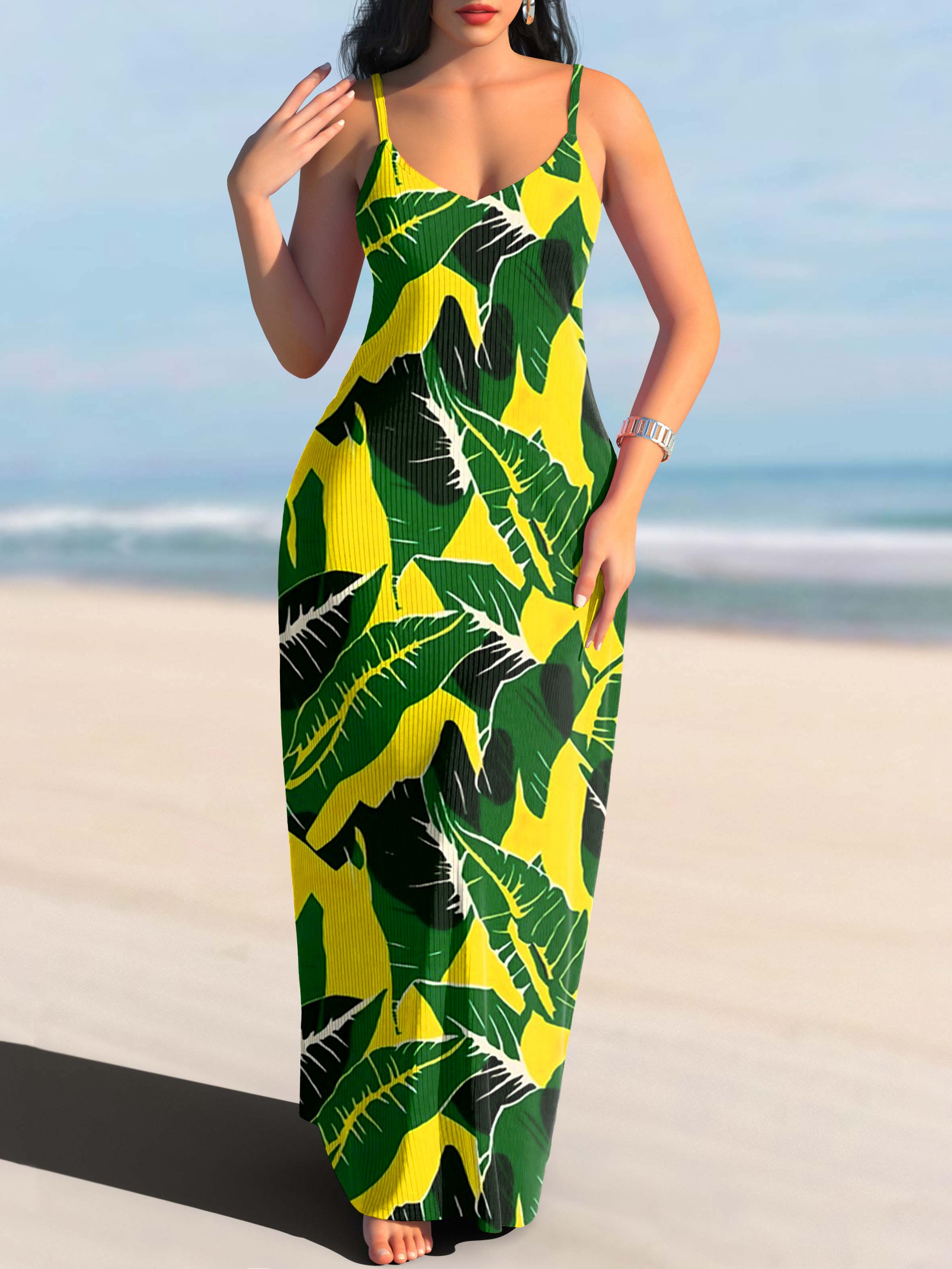 Femmes Floral Vert à Bretelles Confortable Robe Maxi Décontracté
