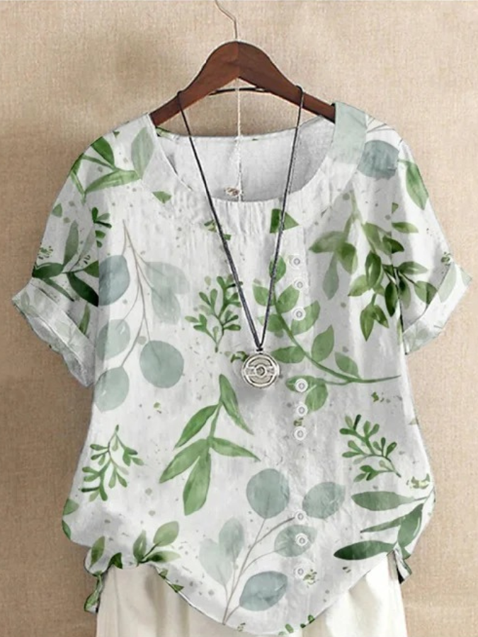 Blouses Femmes Simple Floral Été Coton Aucune élasticité Domestique Coupe Régulière Col Rond Régulier