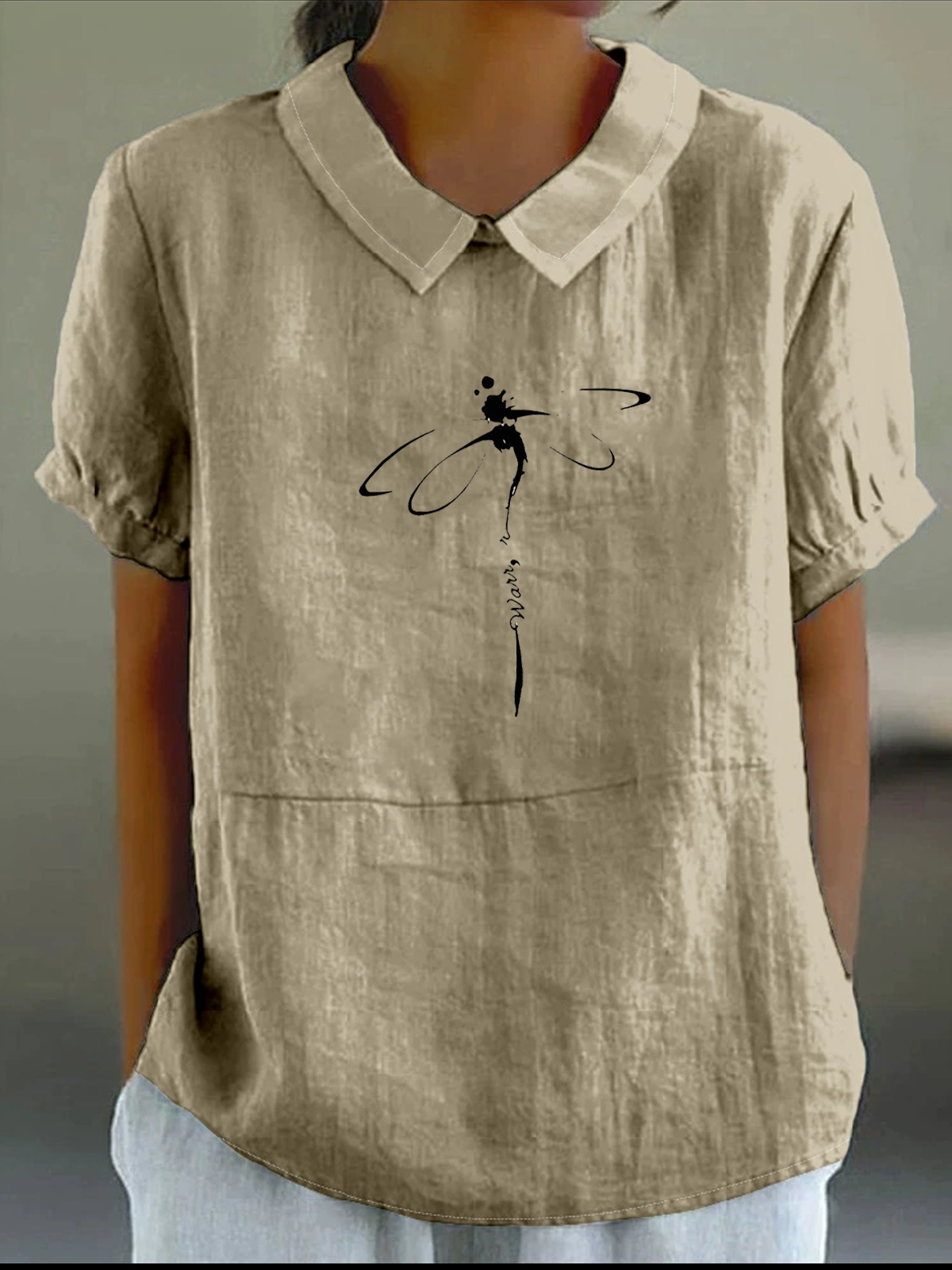 Blouses Simple Été Libellule Coton Demi Manche Col Châle Régulier Droit Régulier pour Femmes