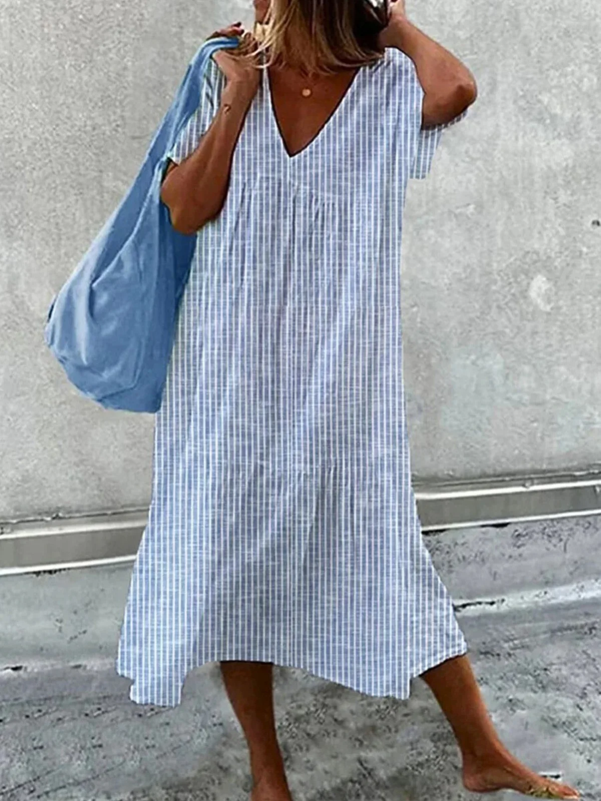 Femmes Rayé Bleu Rayé Col V Confortable Robe Maxi Décontracté