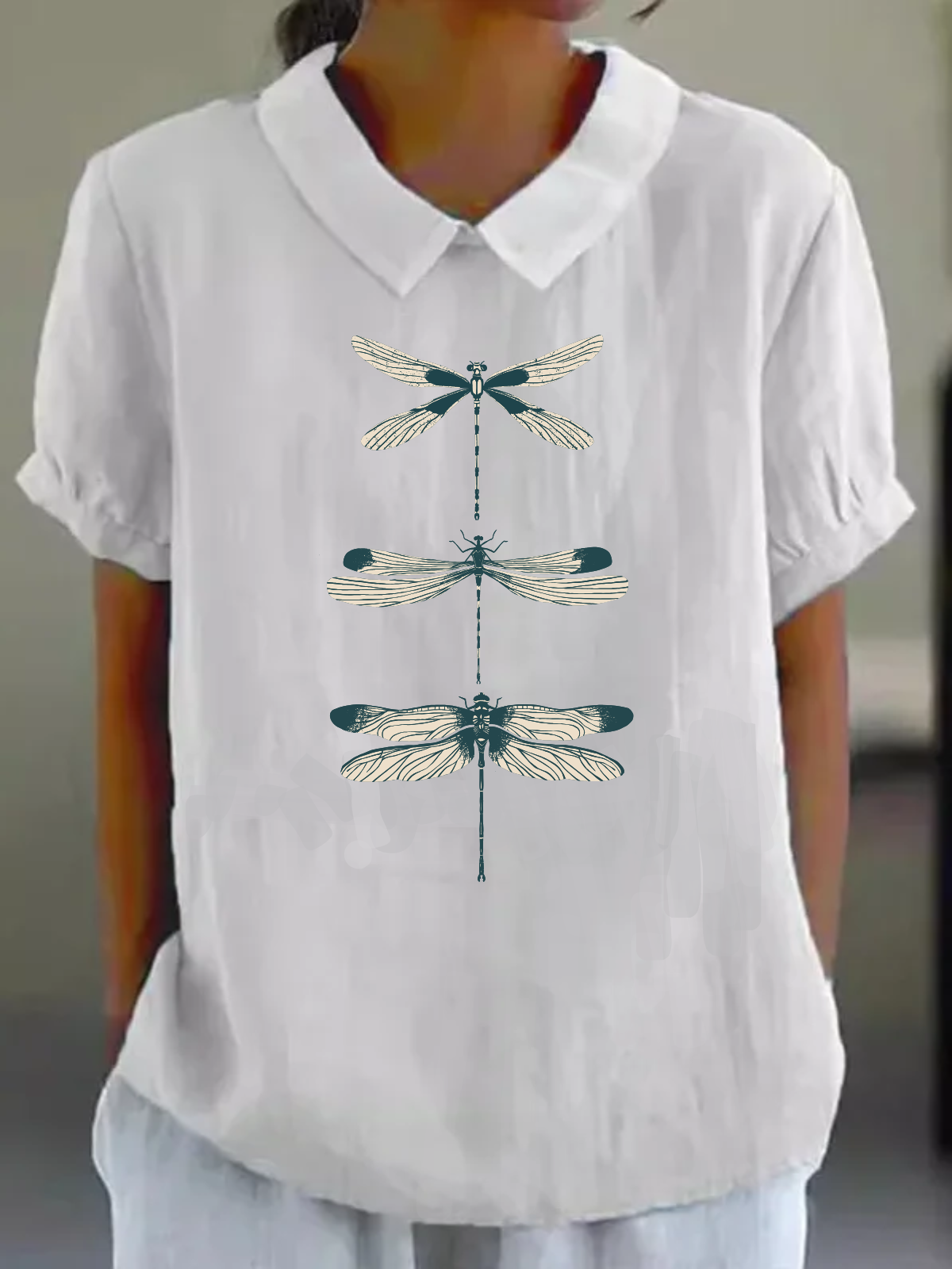 Blouses Femmes Simple Été Libellule Polyester Quotidien Ample Demi Manche Col Châle Droit