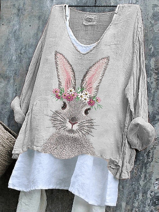 T-shirts Femmes Rétro Printemps / Automne PÂQUES (lapin) Col V Micro-élasticité Quotidien Ample Manches Longues Trapèze