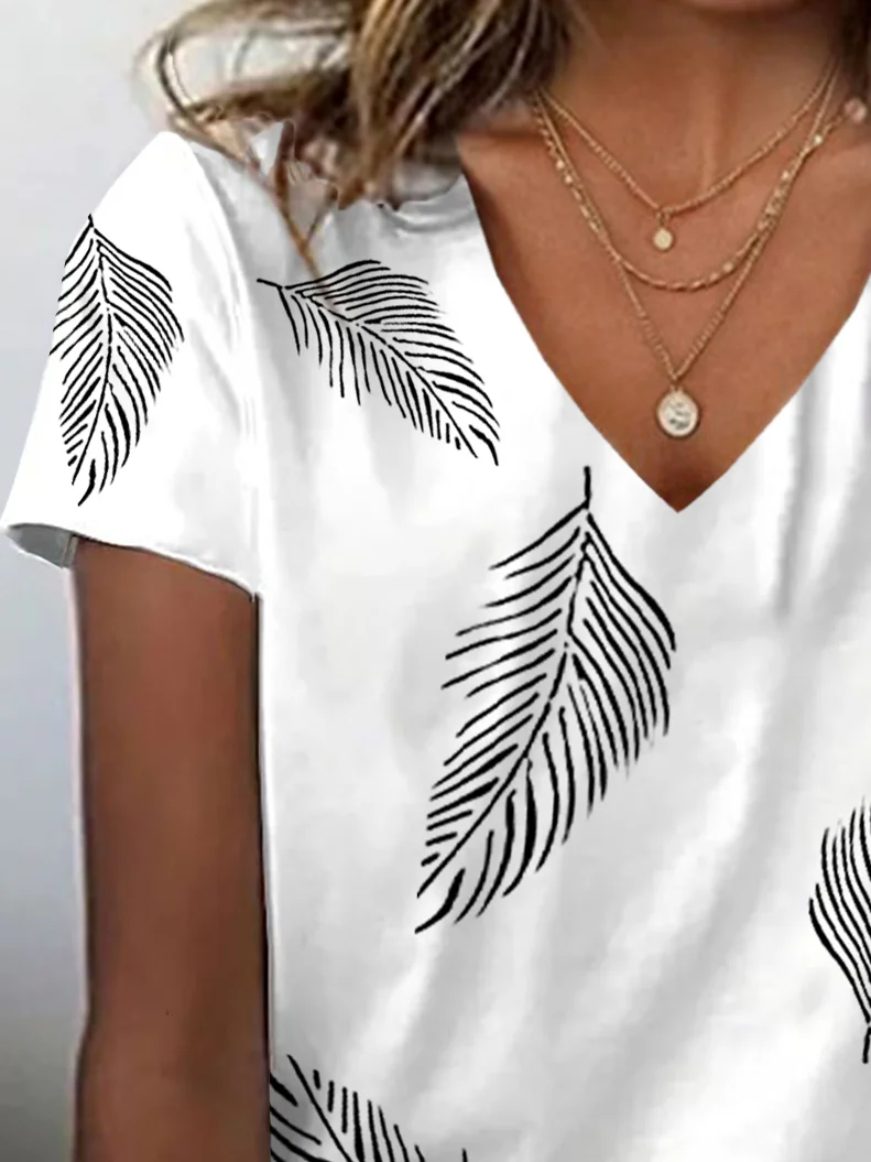 T-shirts Décontracté Été Plume Col V Aucune élasticité Quotidien Jersey Régulier Régulier pour Femmes