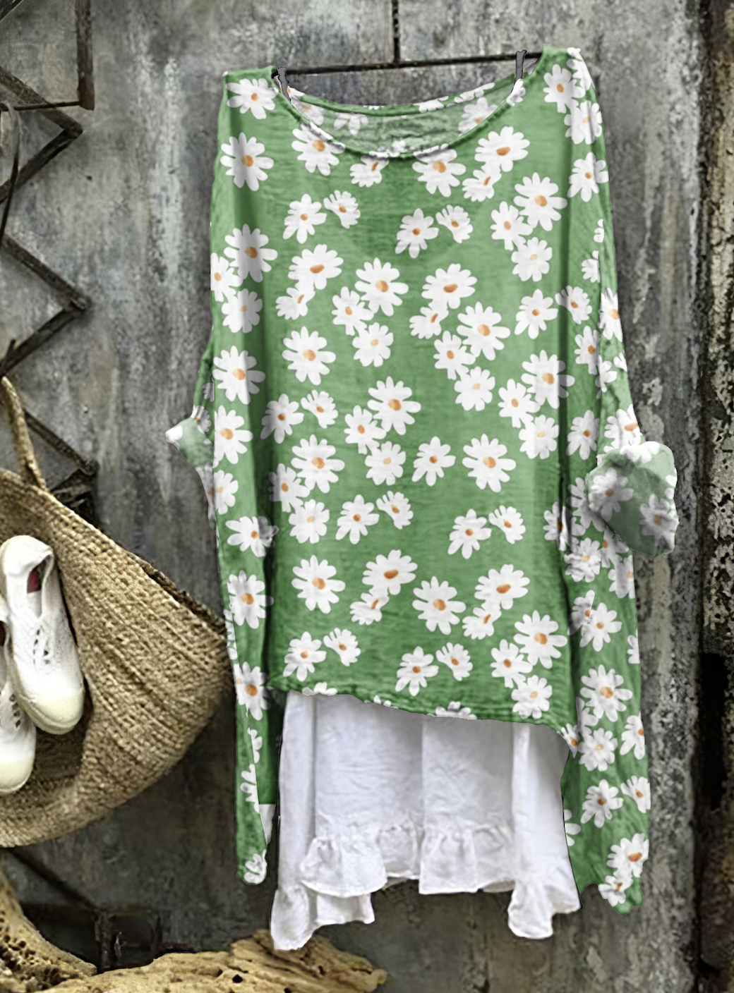 Femmes Floral Vert Col Rond Confortable Robe Mi-Longue Décontracté