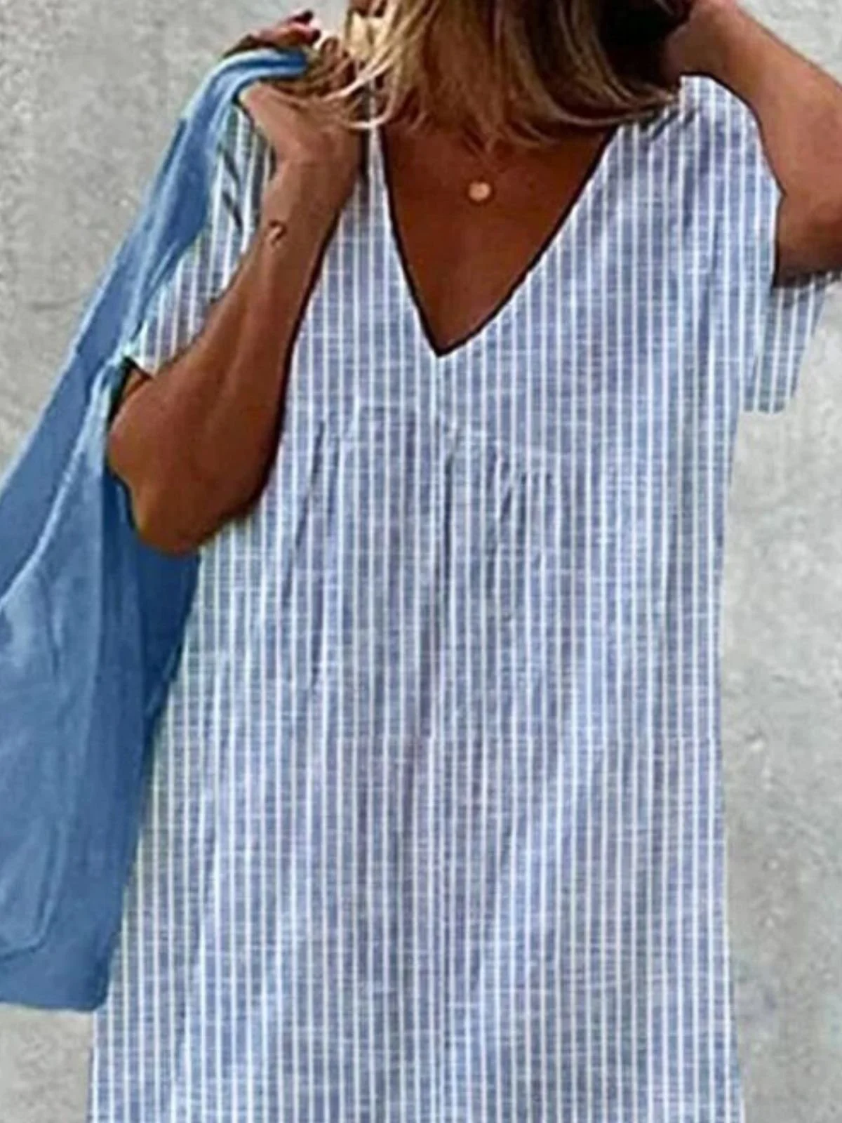 Femmes Rayé Bleu Rayé Col V Confortable Robe Maxi Décontracté