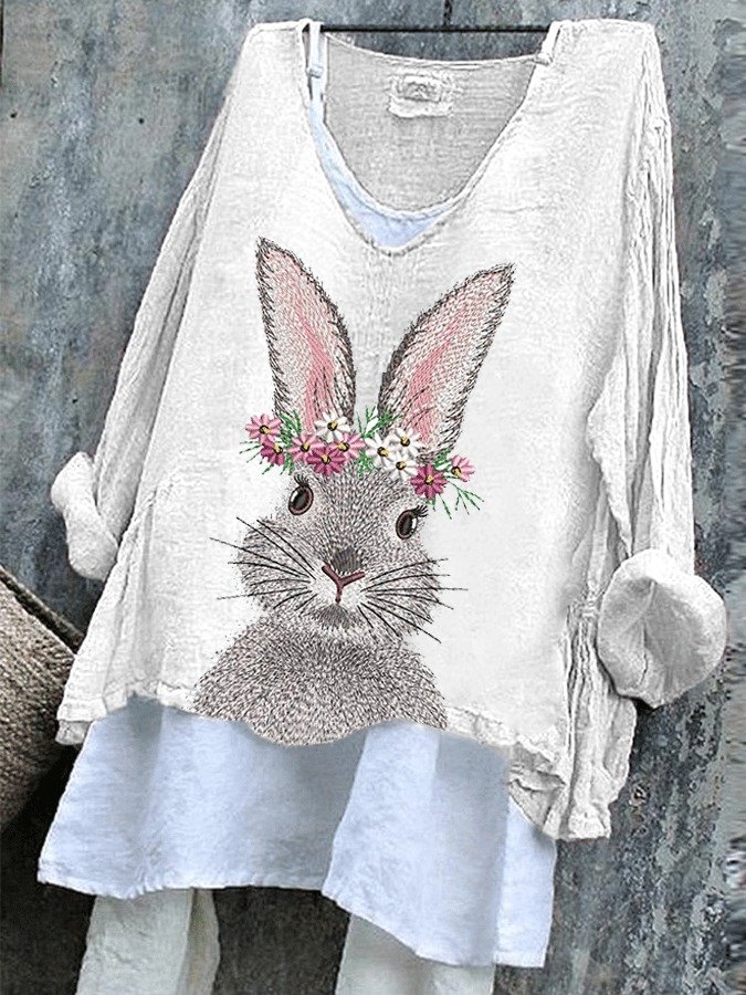 T-shirts Femmes Rétro Printemps / Automne PÂQUES (lapin) Col V Micro-élasticité Quotidien Ample Manches Longues Trapèze