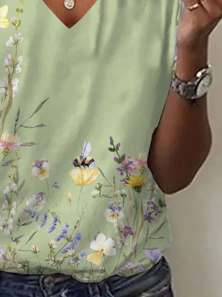T-shirts Décontracté Floral Été Aucune élasticité Ample Manches Courtes Régulier Droit Régulier pour Femmes