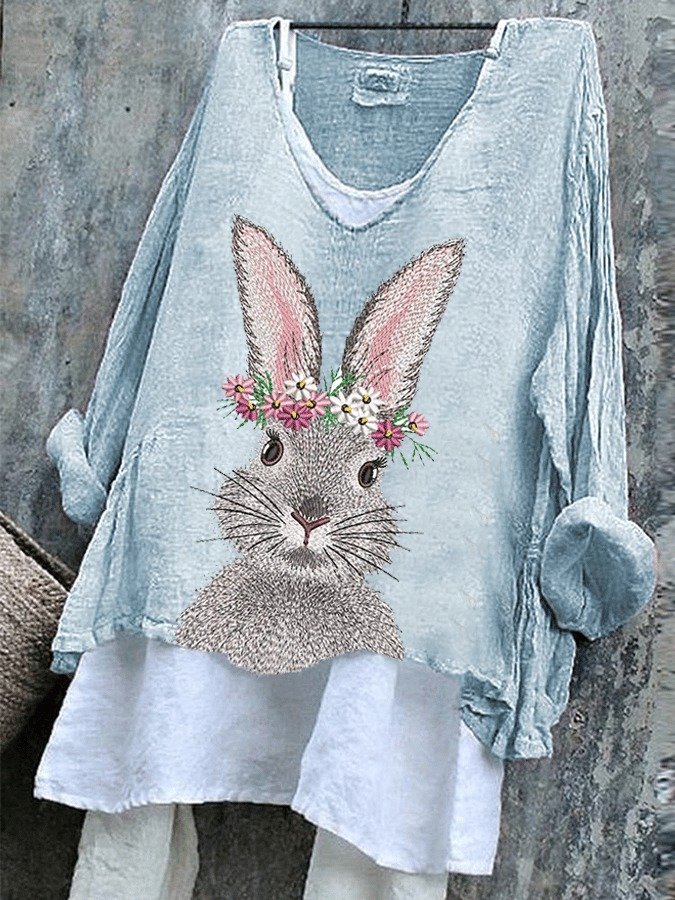 T-shirts Femmes Rétro Printemps / Automne PÂQUES (lapin) Col V Micro-élasticité Quotidien Ample Manches Longues Trapèze