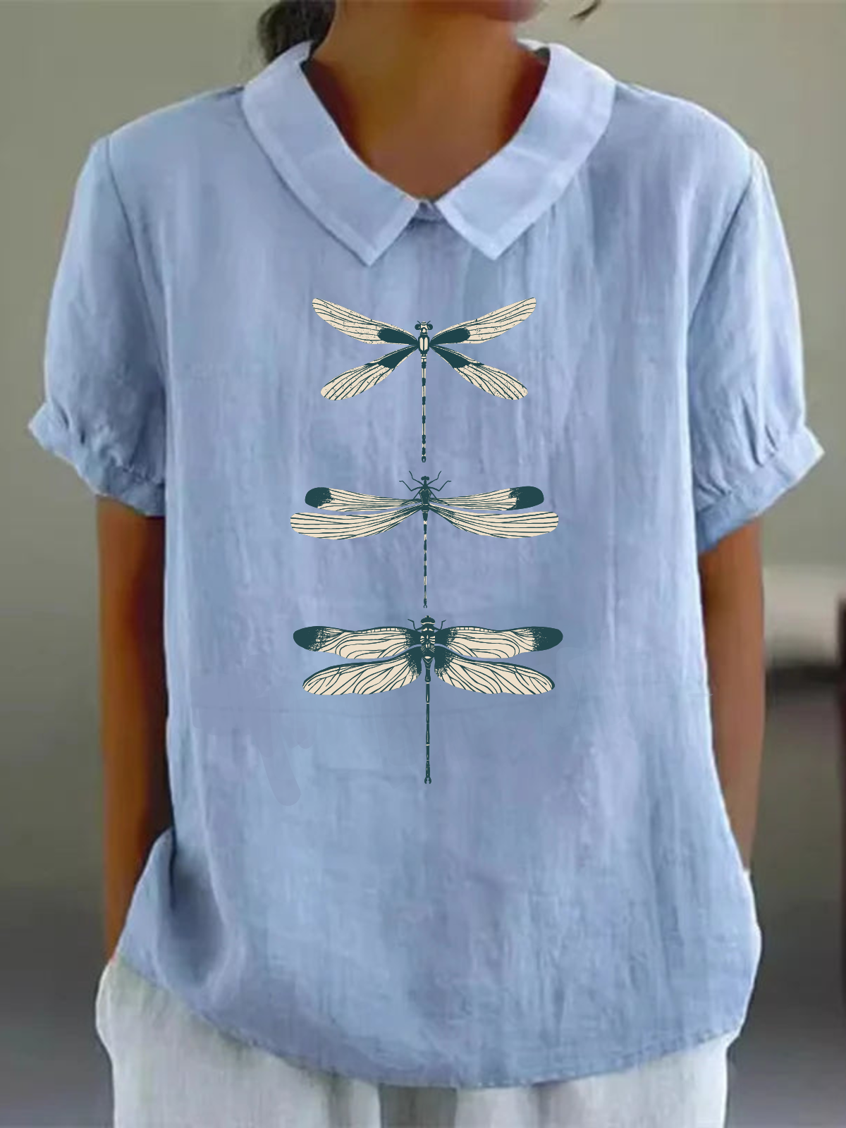 Blouses Femmes Simple Été Libellule Polyester Quotidien Ample Demi Manche Col Châle Droit