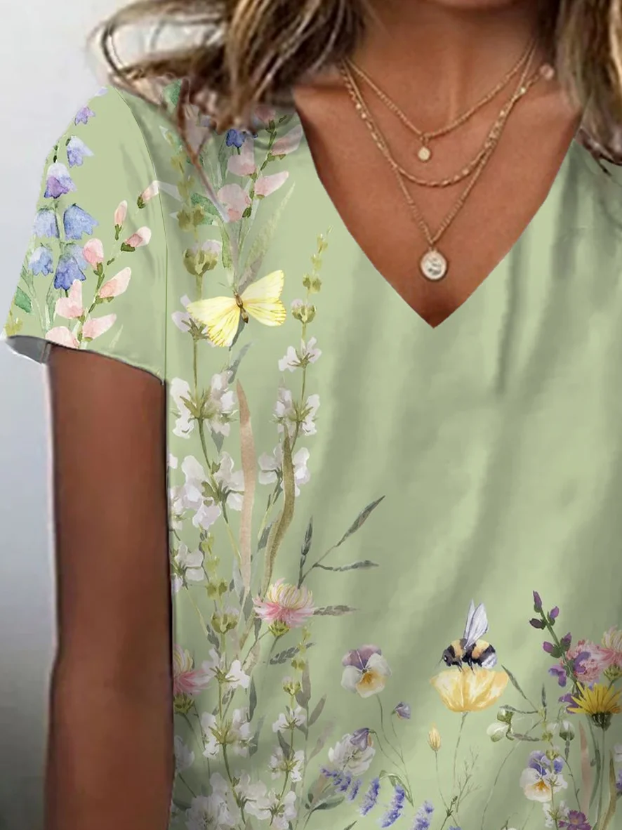 T-shirts Décontracté Floral Été Aucune élasticité Ample Manches Courtes Régulier Droit Régulier pour Femmes