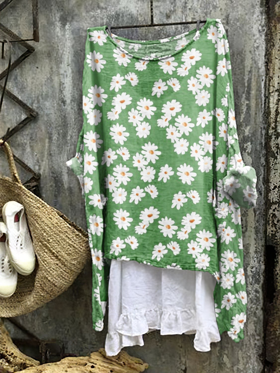 Femmes Floral Vert Col Rond Confortable Robe Mi-Longue Décontracté