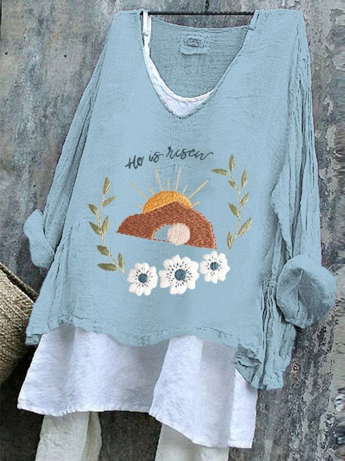 T-shirts Femmes Rétro Printemps / Automne PÂQUES (Œuf) Polyester Col V Micro-élasticité Quotidien Manches Longues Régulier