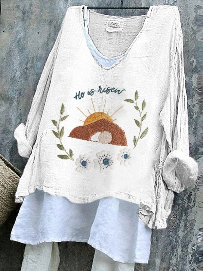 T-shirts Femmes Rétro Printemps / Automne PÂQUES (Œuf) Polyester Col V Micro-élasticité Quotidien Manches Longues Régulier