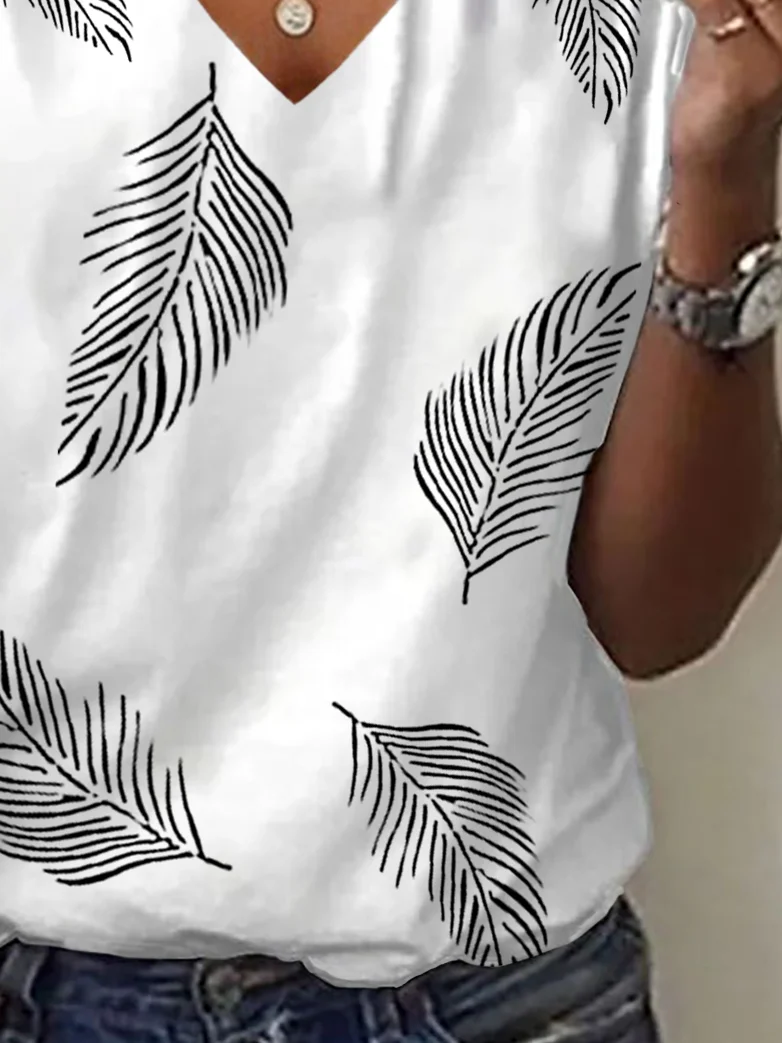 T-shirts Décontracté Été Plume Col V Aucune élasticité Quotidien Jersey Régulier Régulier pour Femmes