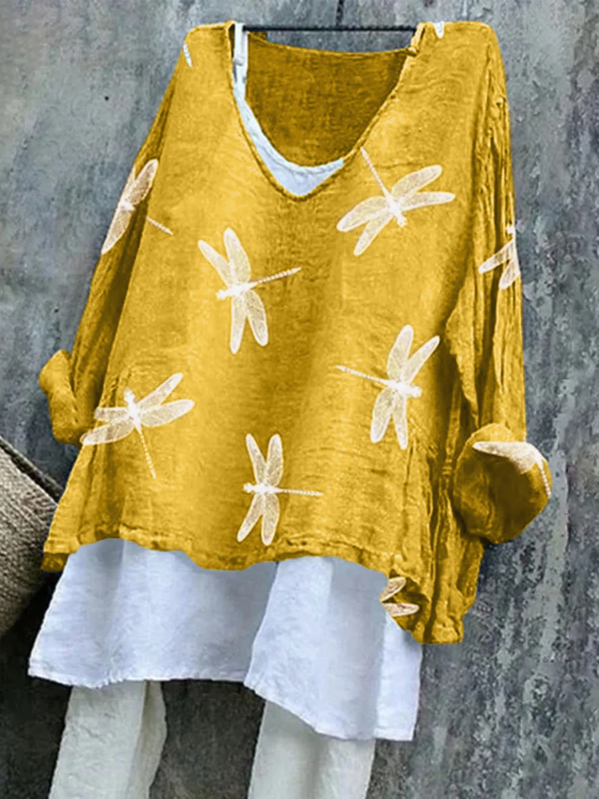 T-shirts Femmes en Lin Imprimé d'Animal Printemps / Automne Coton Col V Quotidien Manches Longues Trapèze Régulier