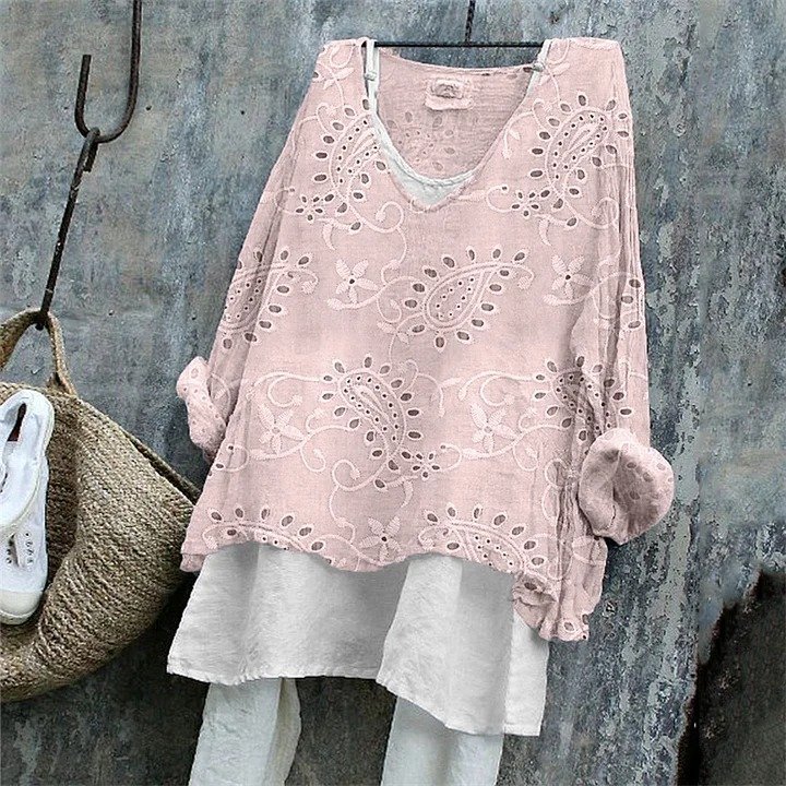 T-shirts Femmes Rétro Motif Cachemire Printemps / Automne Polyester Col V Quotidien Manches Longues Régulier Trapèze