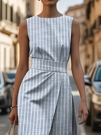 Femmes Rayé Bleu Col Rond Confortable Imprimé Robe Maxi Rétro