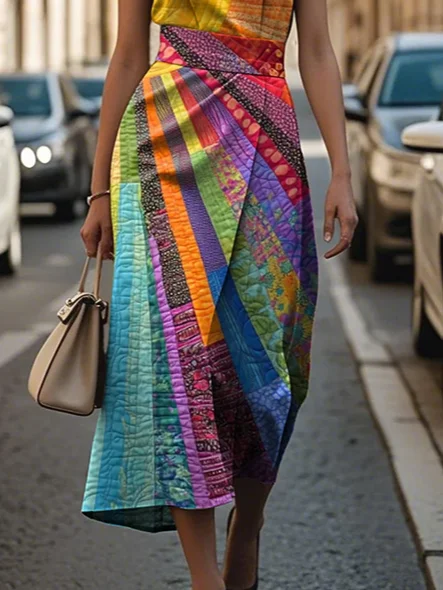 Femmes de Hippie Comme Image Col Rond Confortable Imprimé Robe Maxi Rétro