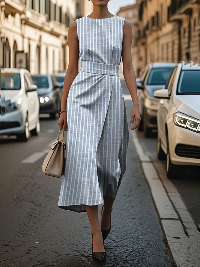 Femmes Rayé Bleu Col Rond Confortable Imprimé Robe Maxi Rétro