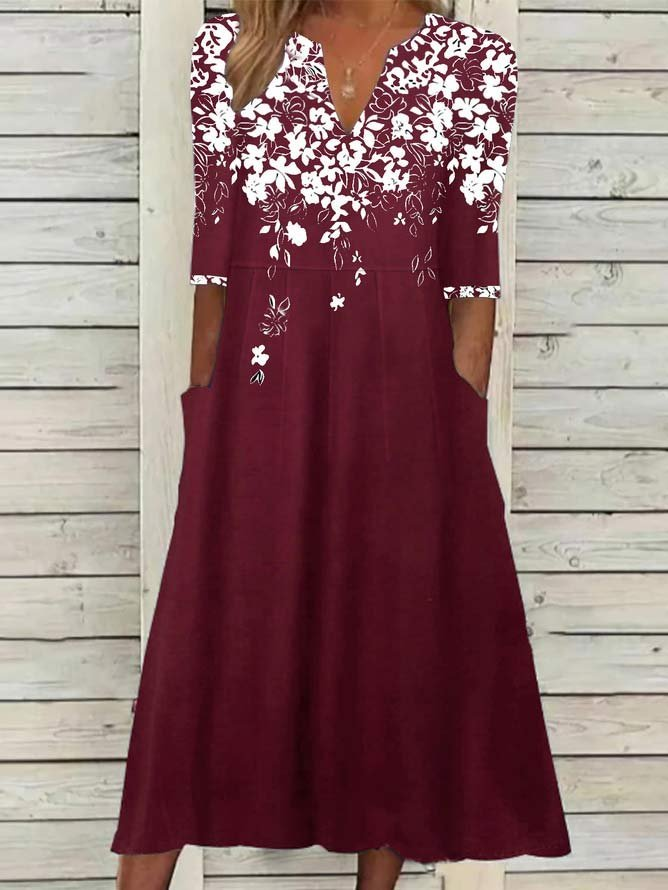 Femmes Floral Noir Col V Confortable Imprimé Robe Maxi Décontracté