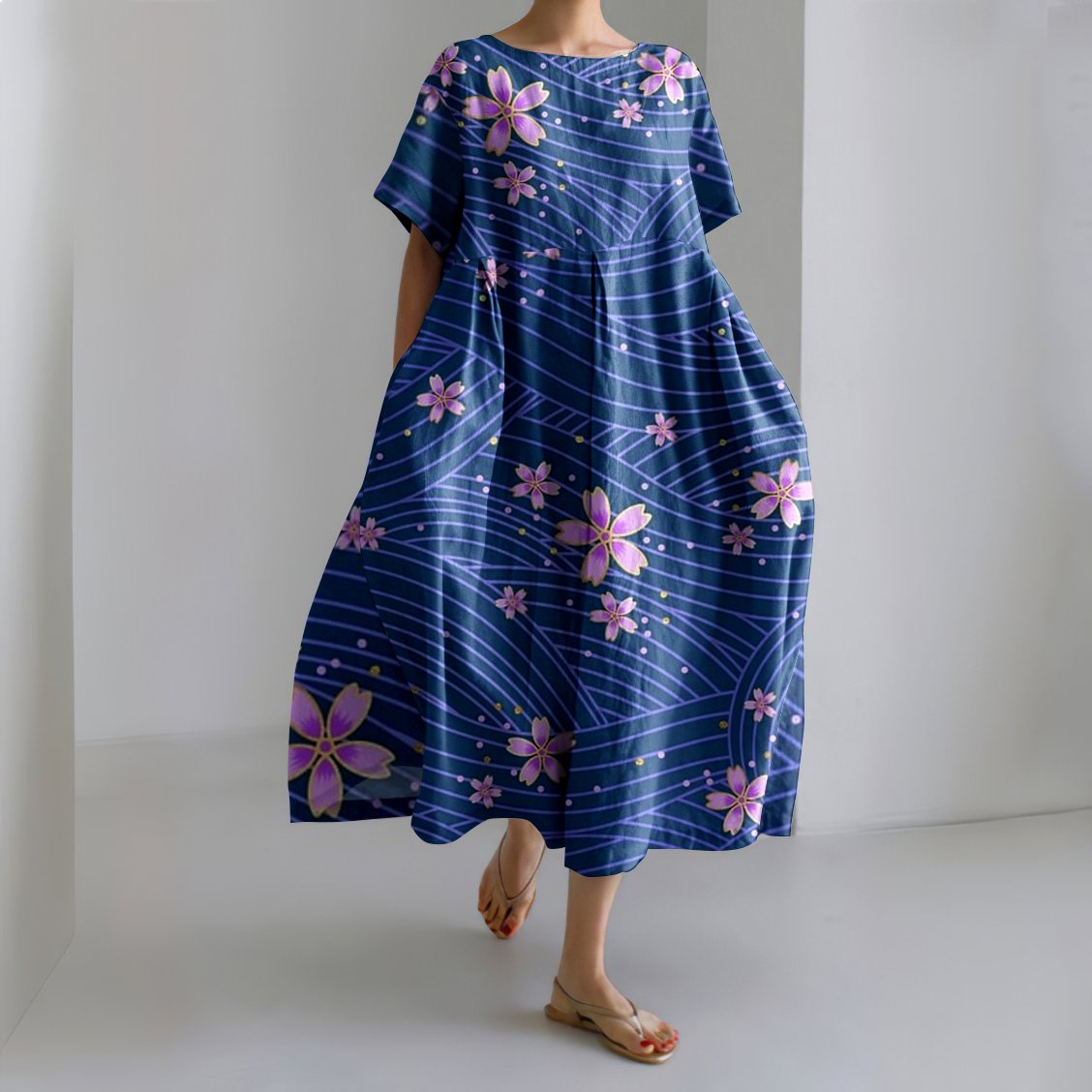 Femmes Floral Bleu Col Rond Confortable Robe Maxi Décontracté
