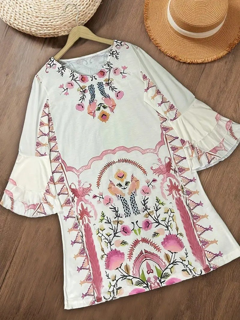 Femmes Floral Comme Image Col V Confortable Robe Mi-Longue Boho