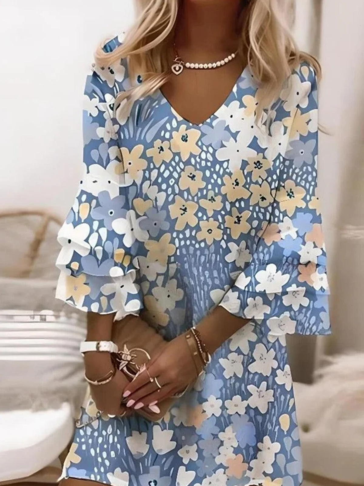 Femmes Floral Comme Image Col V Confortable Robe Mi-Longue Boho