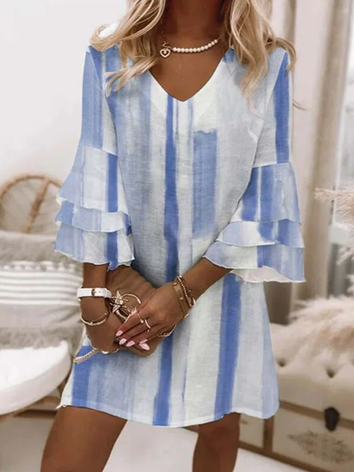 Femmes Floral Comme Image Col V Confortable Robe Mi-Longue Boho