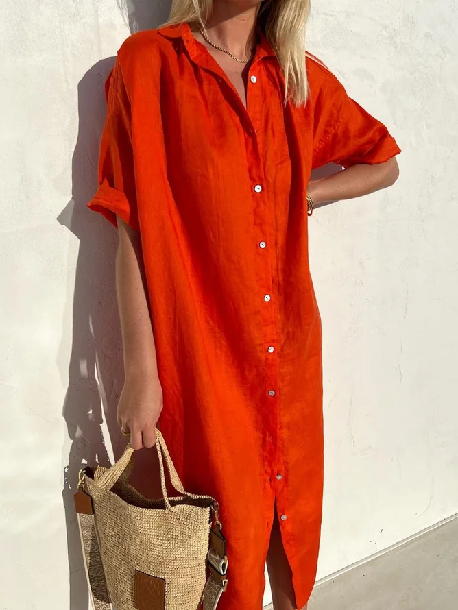 Femmes Plain Blanc Col de Chemise Confortable Imprimé Robe Maxi Décontracté