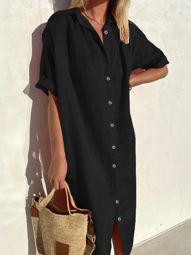 Femmes Plain Blanc Col de Chemise Confortable Imprimé Robe Maxi Décontracté