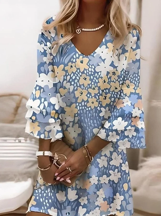 Femmes Floral Comme Image Col V Confortable Robe Mi-Longue Boho