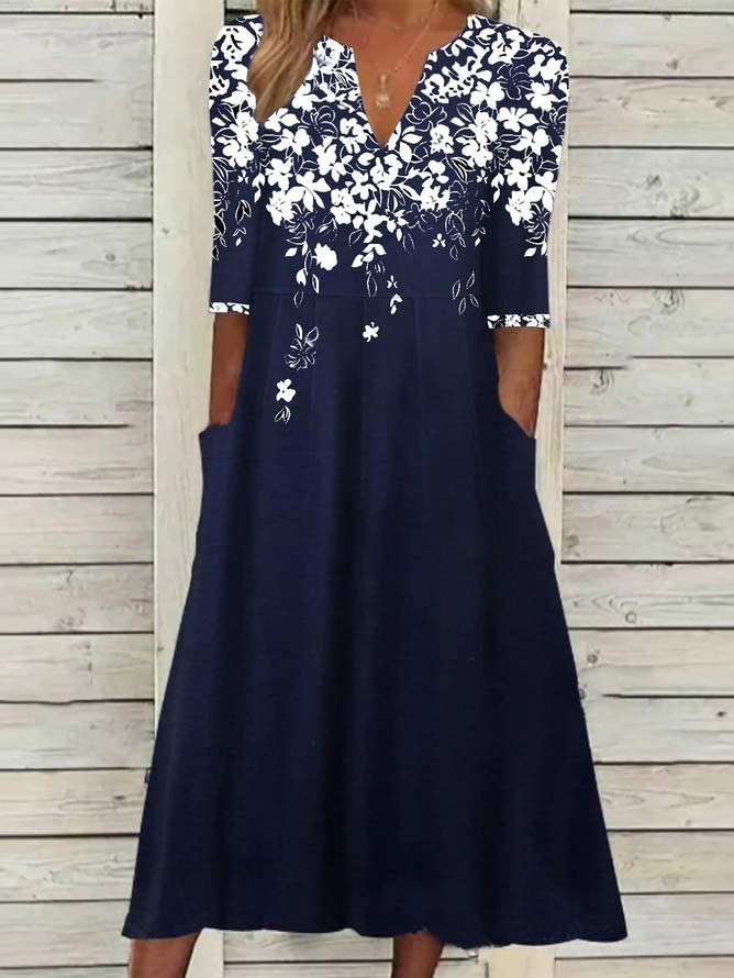 Femmes Floral Noir Col V Confortable Imprimé Robe Maxi Décontracté