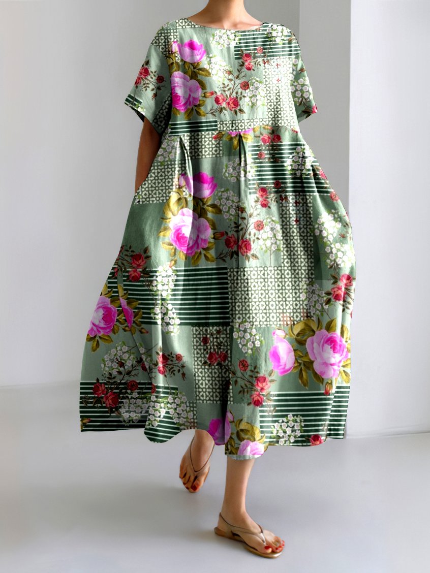 Femmes Floral Vert Col Rond Confortable Robe Maxi Décontracté