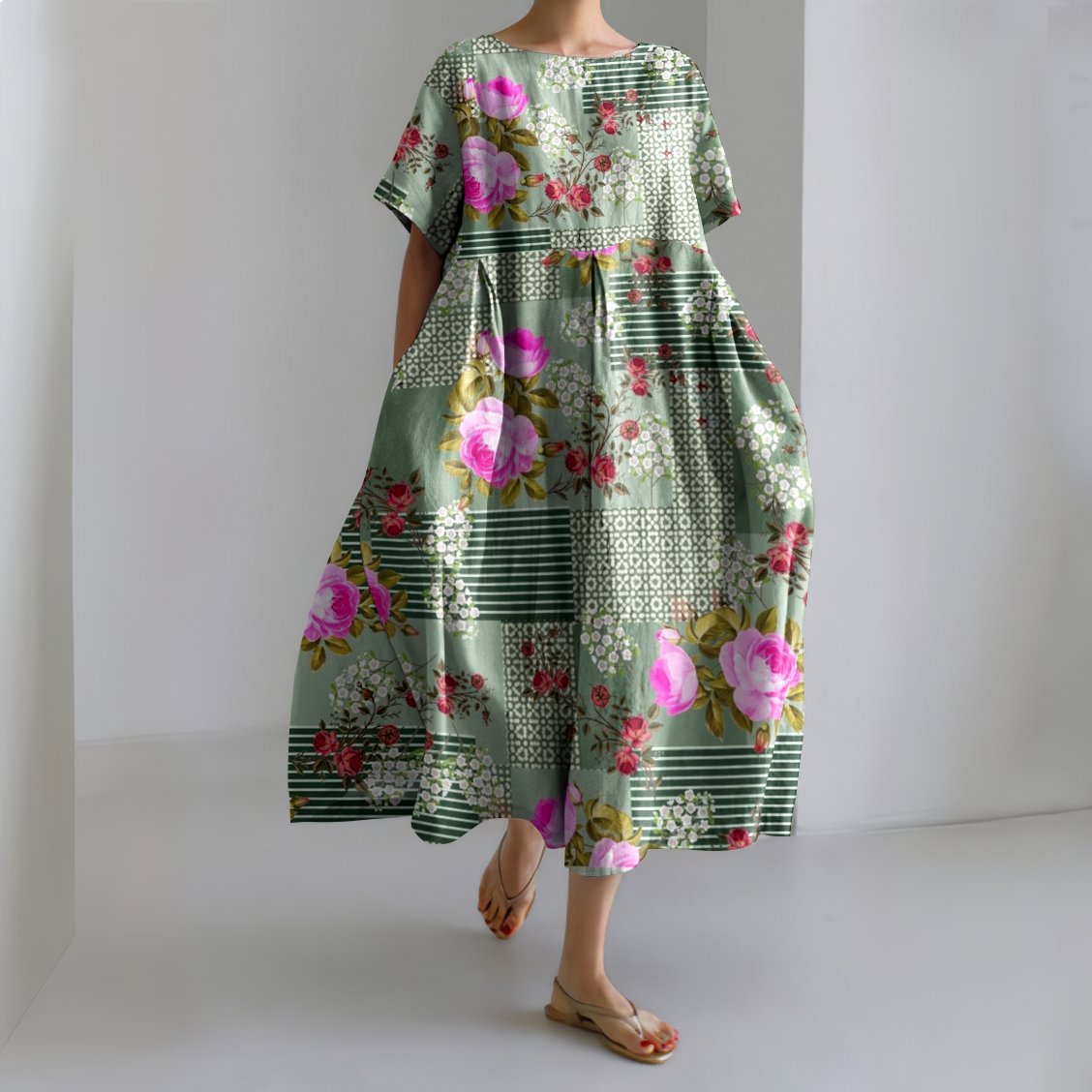 Femmes Floral Vert Col Rond Confortable Robe Maxi Décontracté