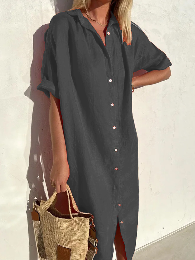 Femmes Plain Blanc Col de Chemise Confortable Imprimé Robe Maxi Décontracté