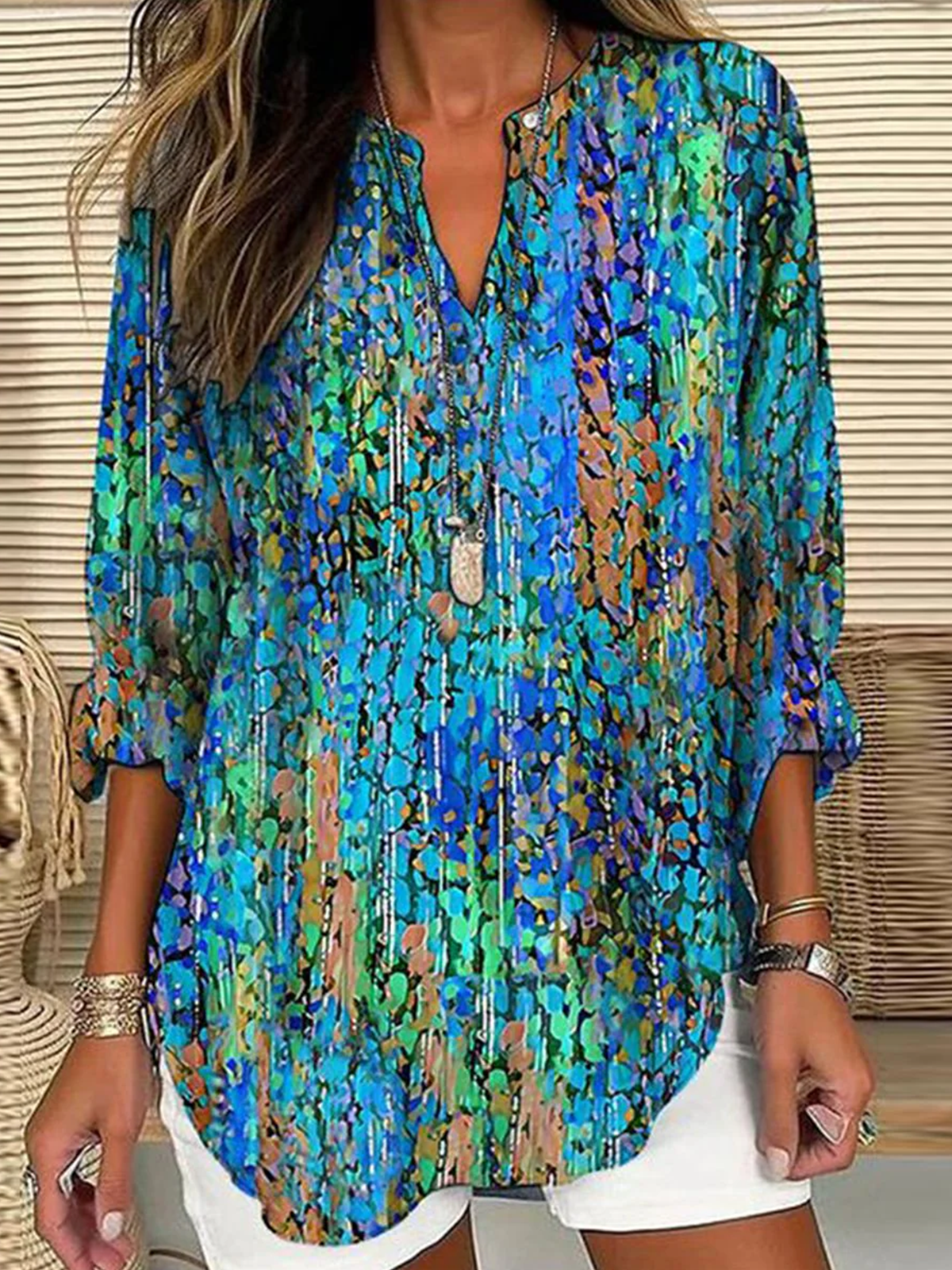 Blouses Géométrique Simple Été Coton Quotidien Ample Demi Manche Droit Régulier pour Femmes