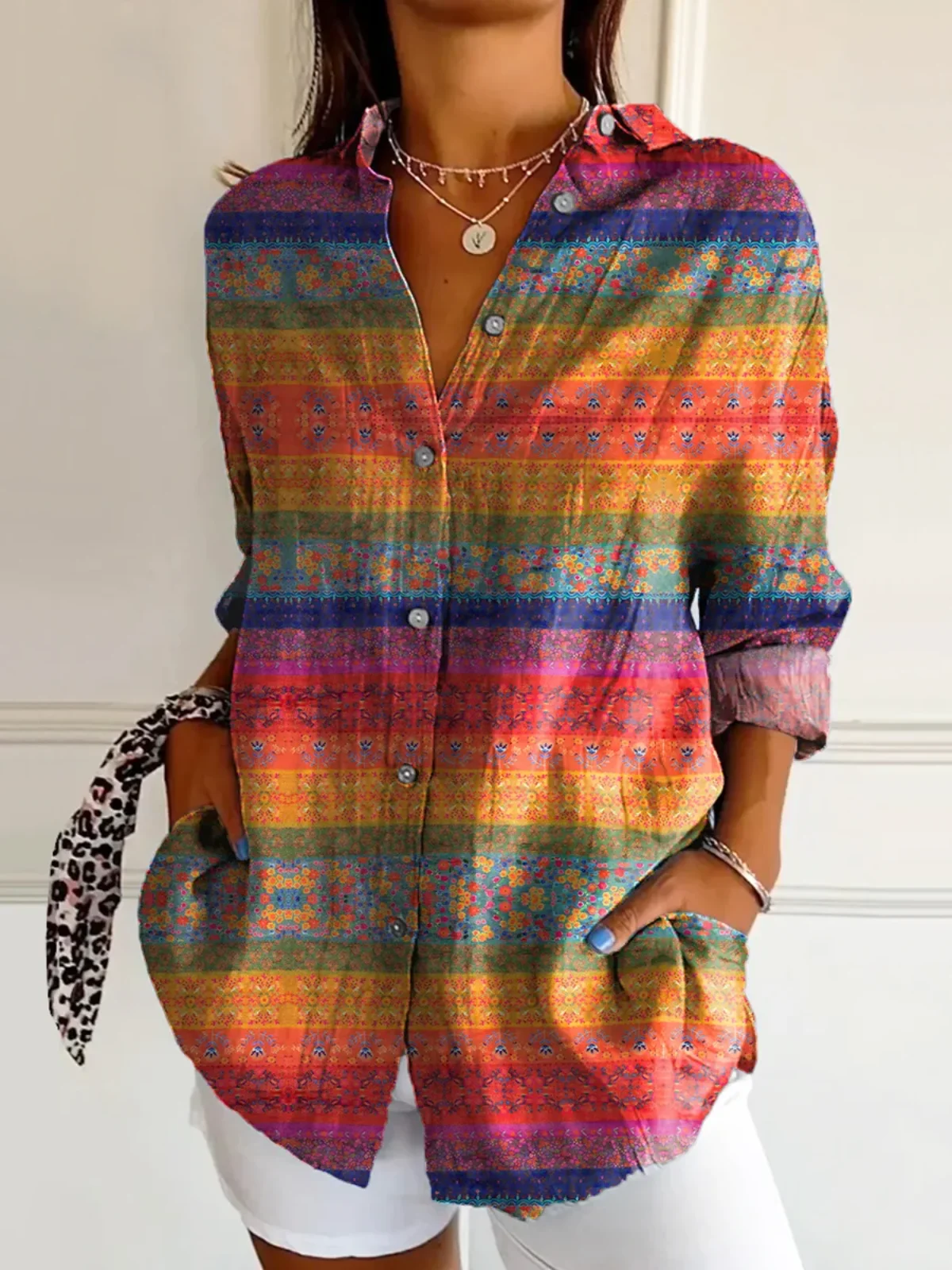 Chemises Rétro Ethnique Printemps / Automne Polyester Micro-élasticité Quotidien Coupe Régulière Régulier Col de Chemise pour Femmes