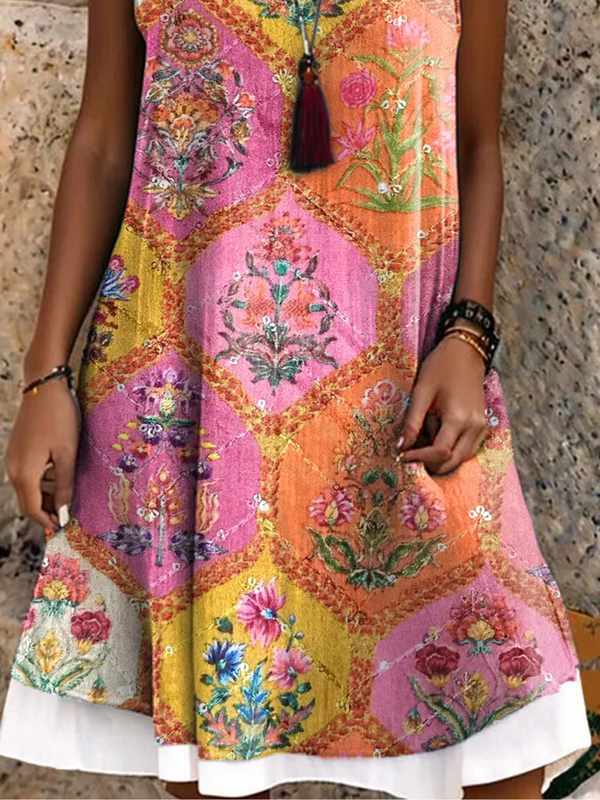 Femmes Ethnique Comme Image Col Rond Confortable Robe Mi-Longue Décontracté