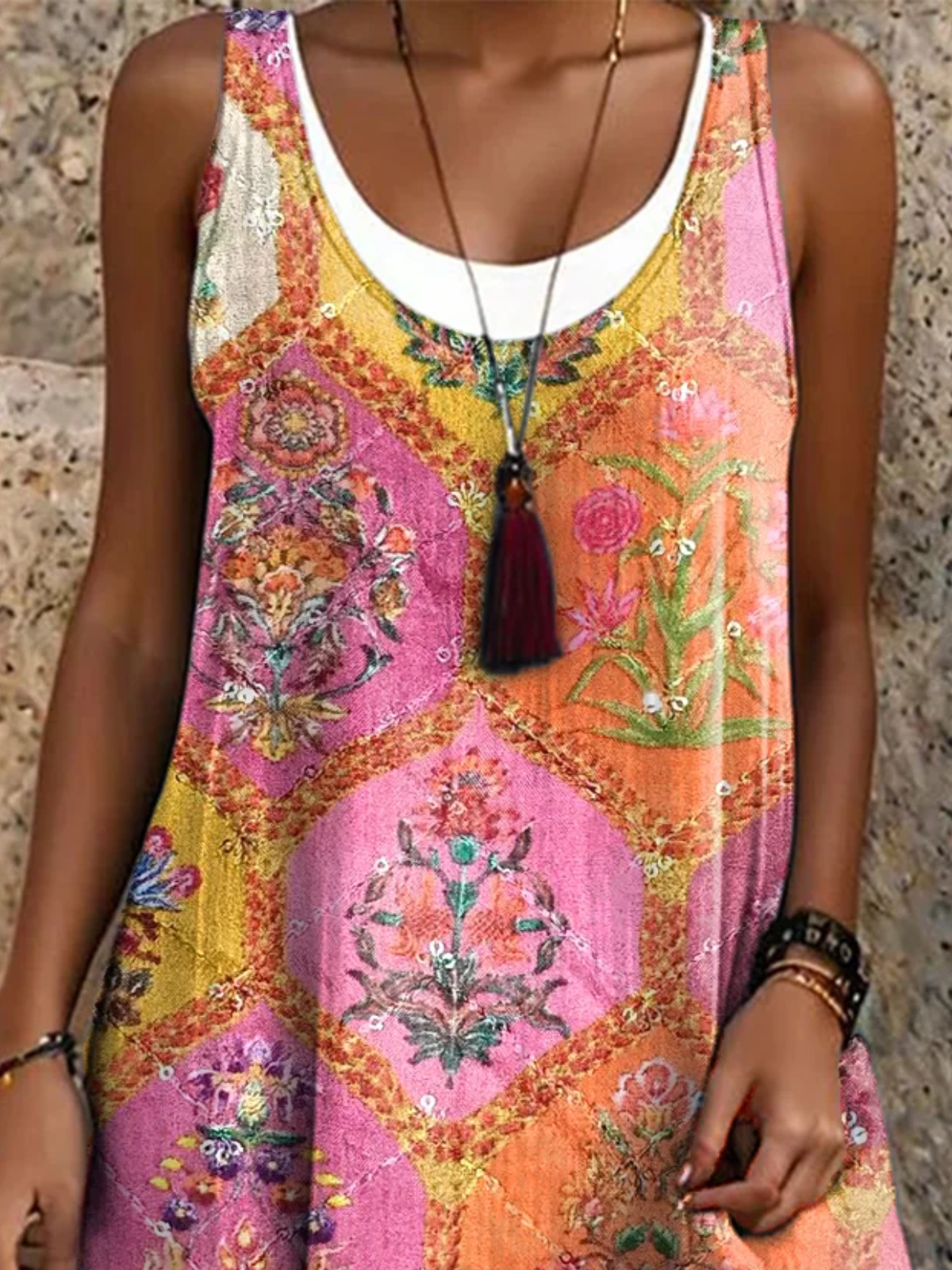 Femmes Ethnique Comme Image Col Rond Confortable Robe Mi-Longue Décontracté