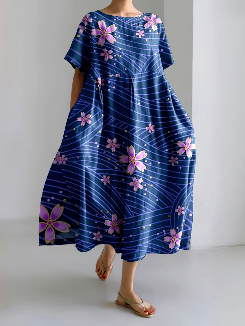 Femmes Floral Bleu Col Rond Confortable Robe Maxi Décontracté