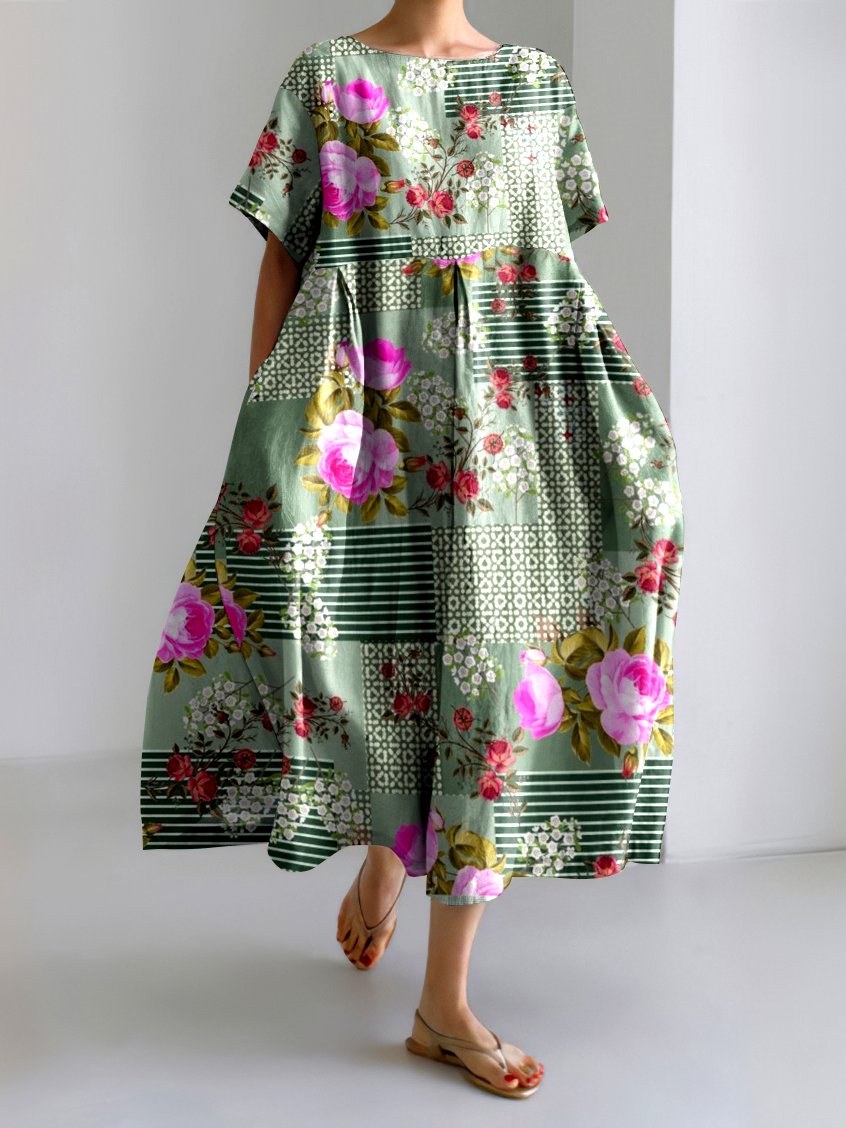 Femmes Floral Vert Col Rond Confortable Robe Maxi Décontracté